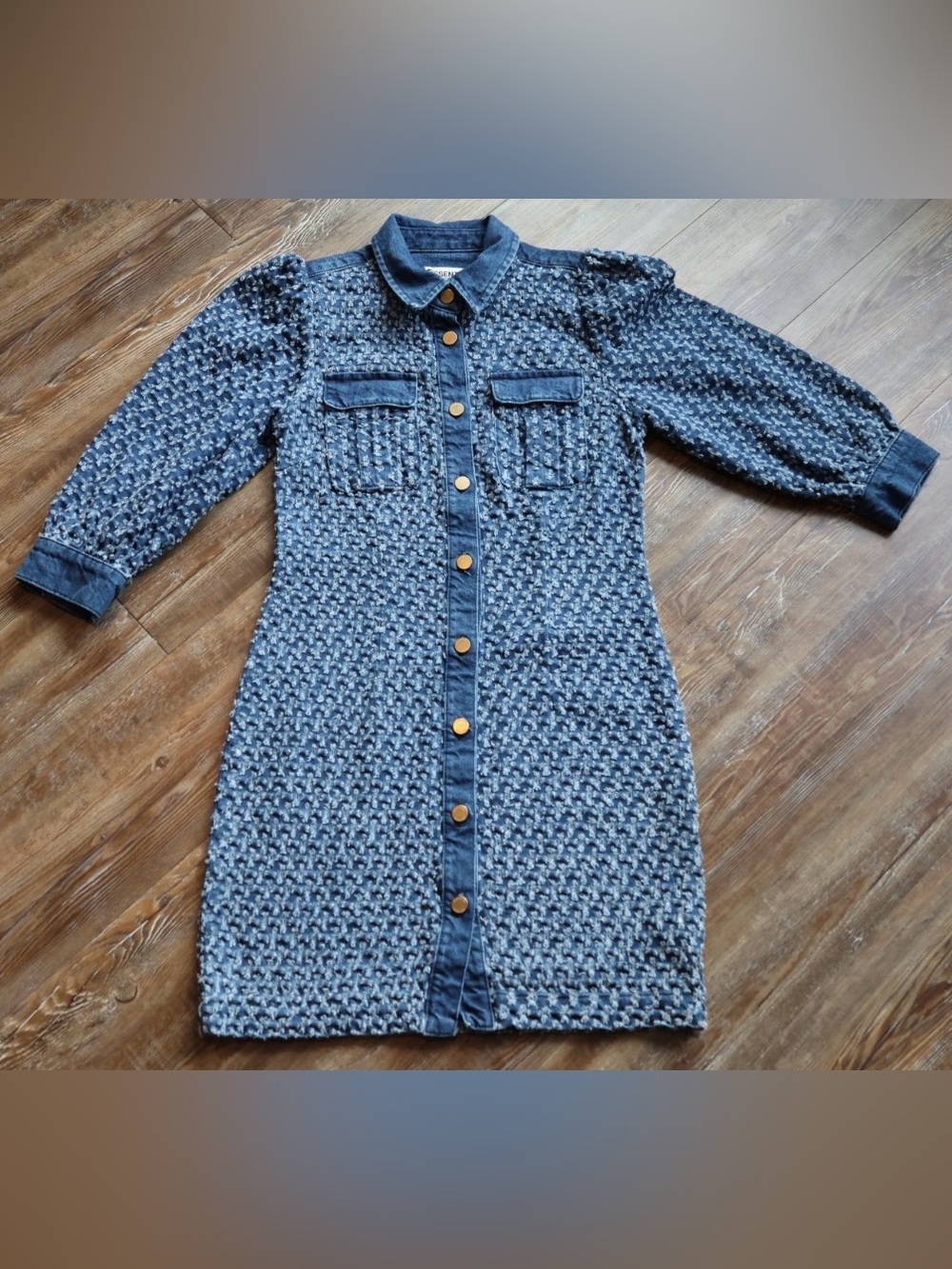 Essentiel Antwerp Vada Blue Distressed Denim Puff Dress 100% Cotton Womens 38